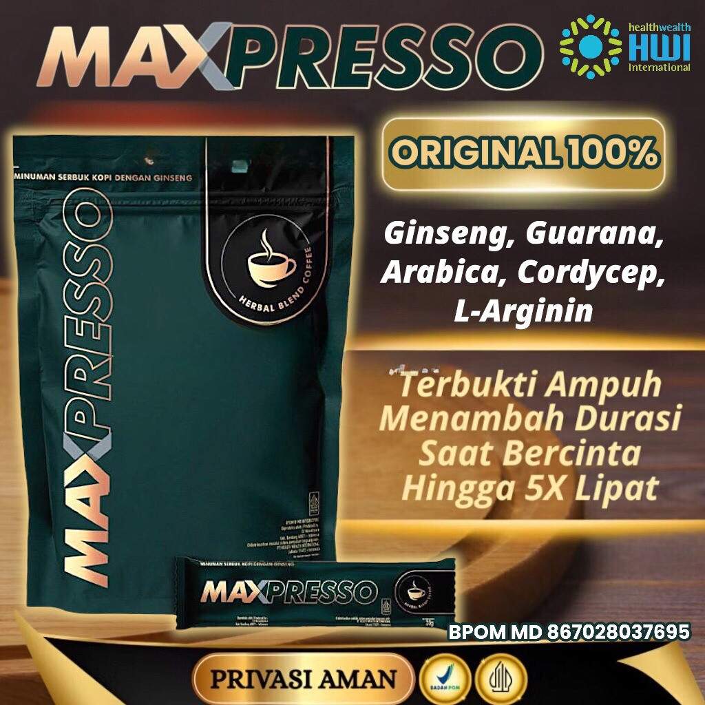 

Kopi Maxpresso HWI Original 5 Sachet Maxpresso Coffee Asli Herbal Ginseng Untuk Stamina dan Vitalitas Pria