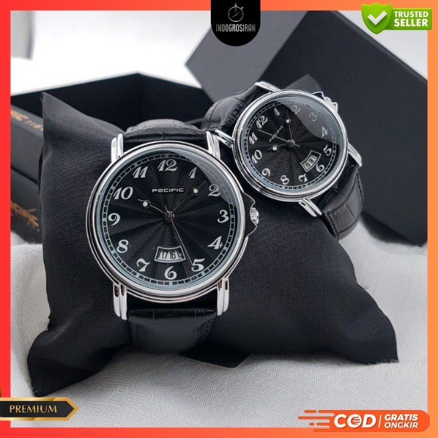 Best Seller  Jam Tangan Couple Pacific 8073 TL Tali Kulit Tanggal Aktif Original