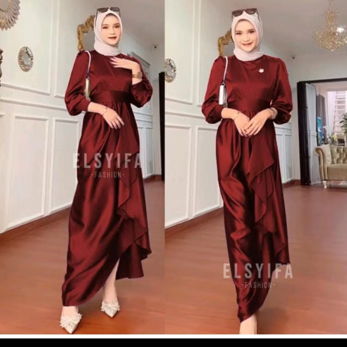 Sale Bele dress satin model Korean style gamis Jusi maroon size M