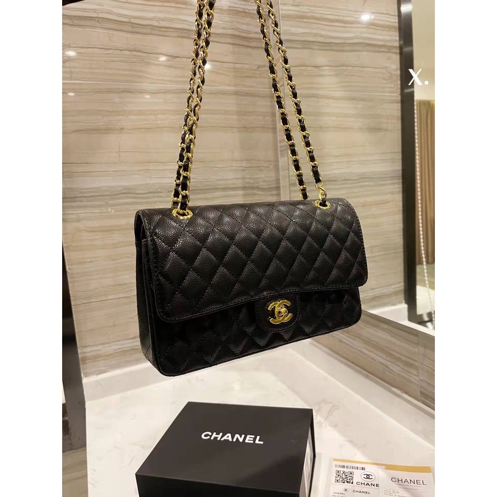 Original 2023 New Chanel Lingge cf tas selempang rantai kulit kaviar