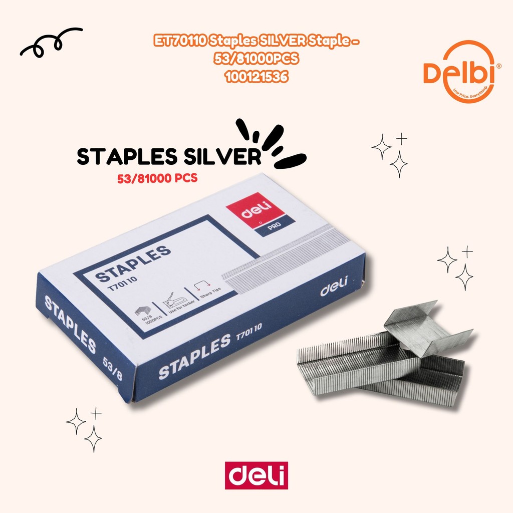 

Deli Isi Staples Tembak dengan ujung yang runcing untuk hasil yang maksimal anti karat ET70110 Staples SILVER Staple - 53/81000PCS