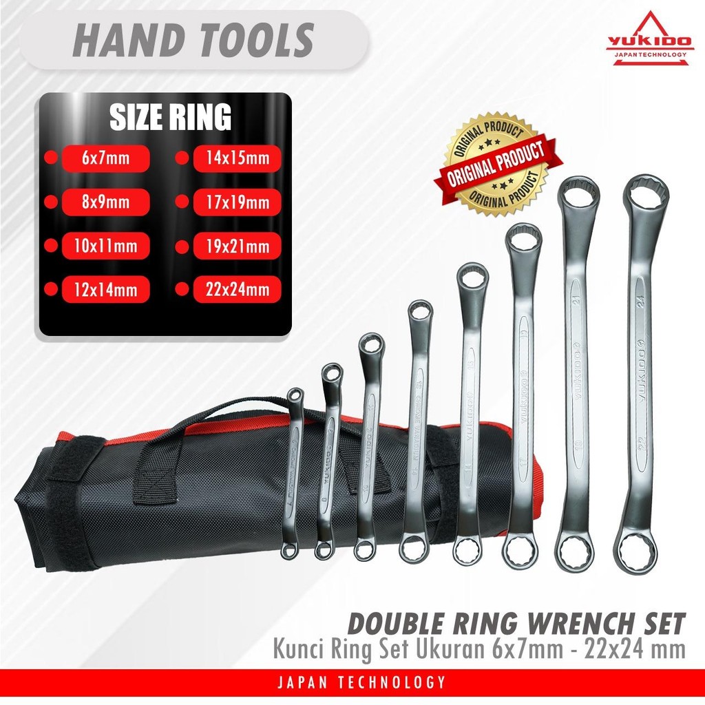 YUKIDO Ring Pas Set 8pcs Kemasan Tool Bag Kunci Ring Ukuran 6mm - 24mm Bahan CR-V Anti Patah - D1/29