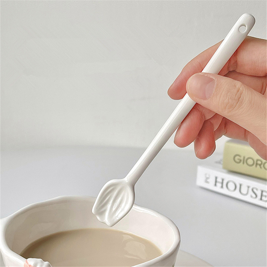 

3/6pcs ceramic coffee stirring spoon, ceramic pure white tulip relief creative spoon, coffee supplies small spoon