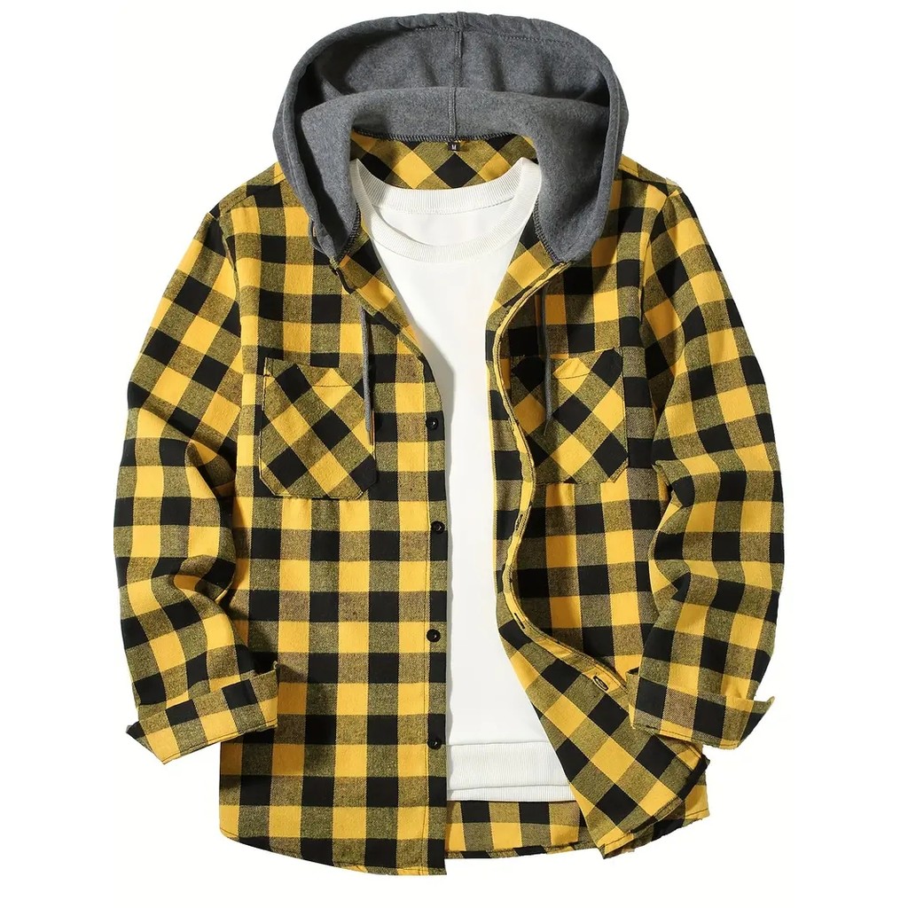 New four seasons plaid hooded shirt European and American size double bag cover hooded shirt men's t