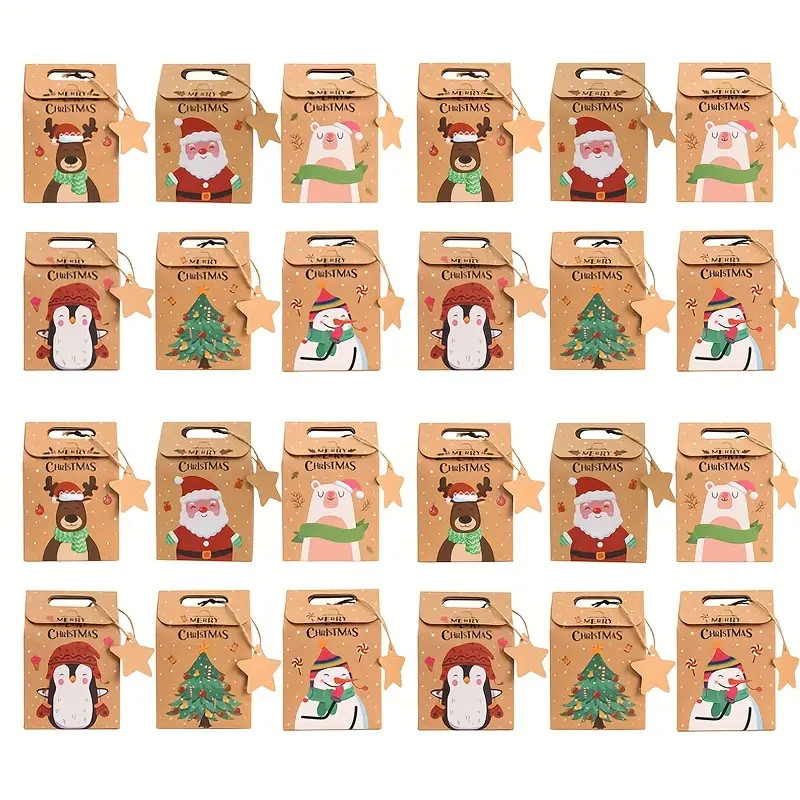 

6/12/24Pcs Christmas Candy Gift Box with Tag Kraft Paper Cookie Snack Packing Bags 2024 Xmas Party Home Decoration New Year 2025
