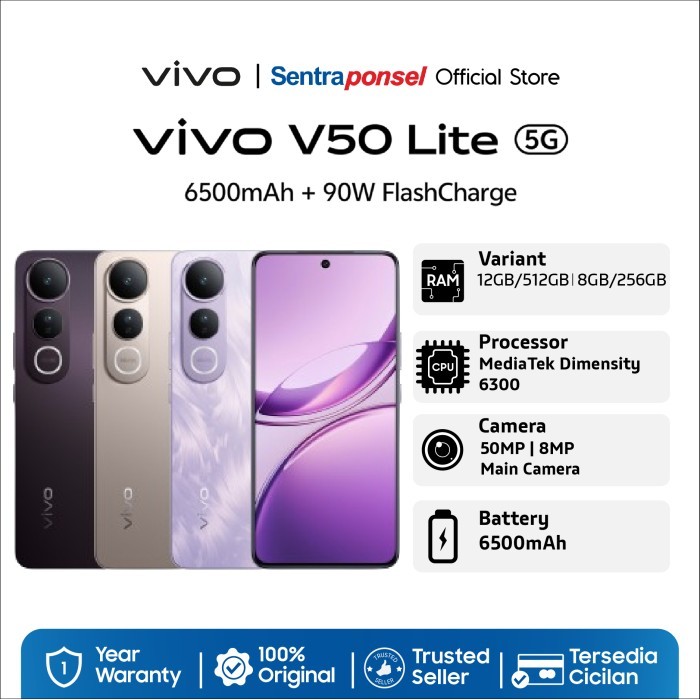 VIVO V50 LITE 5G 12GB/512GB 8GB/256GB - Original Garansi Resmi - Black, 12GB/512GB
