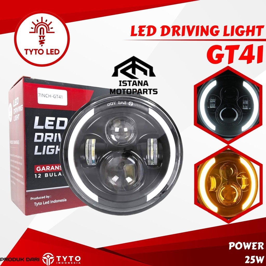 TYTO GT41 Lampu Headlamp 7 inch Bulat Universal H4/H6 DRL Yellow White