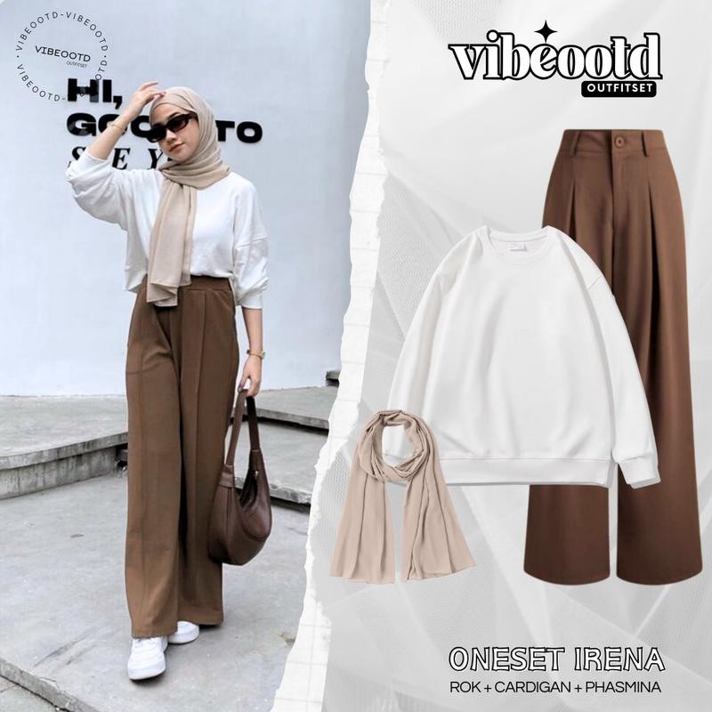 Irena Outfit Set Wanita Hijab ( Bawahan Celana Kulot Loose Pants Trousers + Atasan Crewneck Oversize