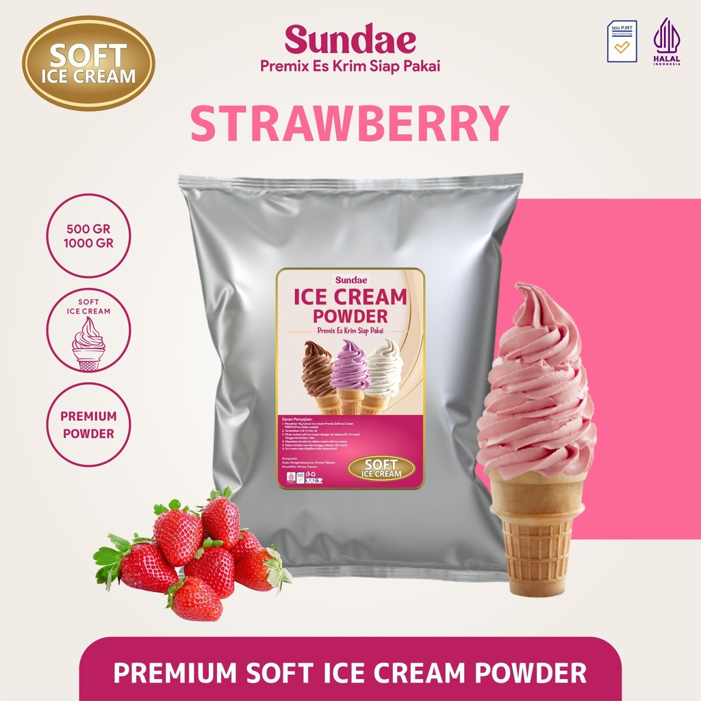

Bubuk Es Krim Soft Ice Cream Powder Premium Rasa Strawbery Sundae Strawberry 500 gram / 1 kg