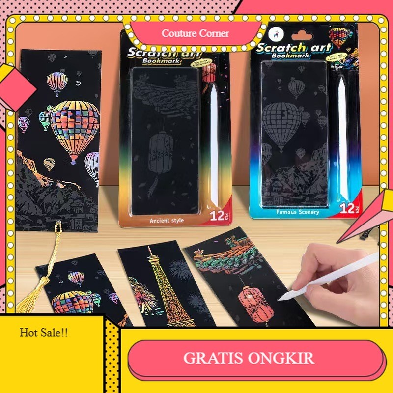 

【CORNER1】 SALE!! Lukisan Gores Isi 12Lembar Scarch Paint Pembatas Buku Scratch Paper Scratch Gliter Paint