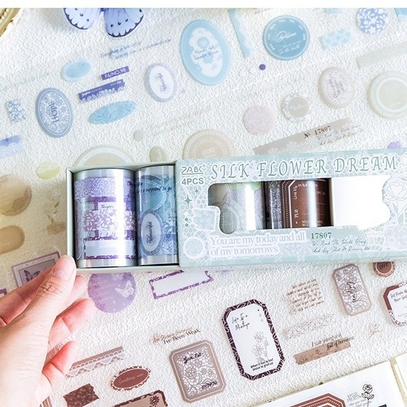 

[Artopia] 1 Set Sticker Box isi 4 PET Tape Roll Stiker SFD DL Flower Vintage Frame Lace