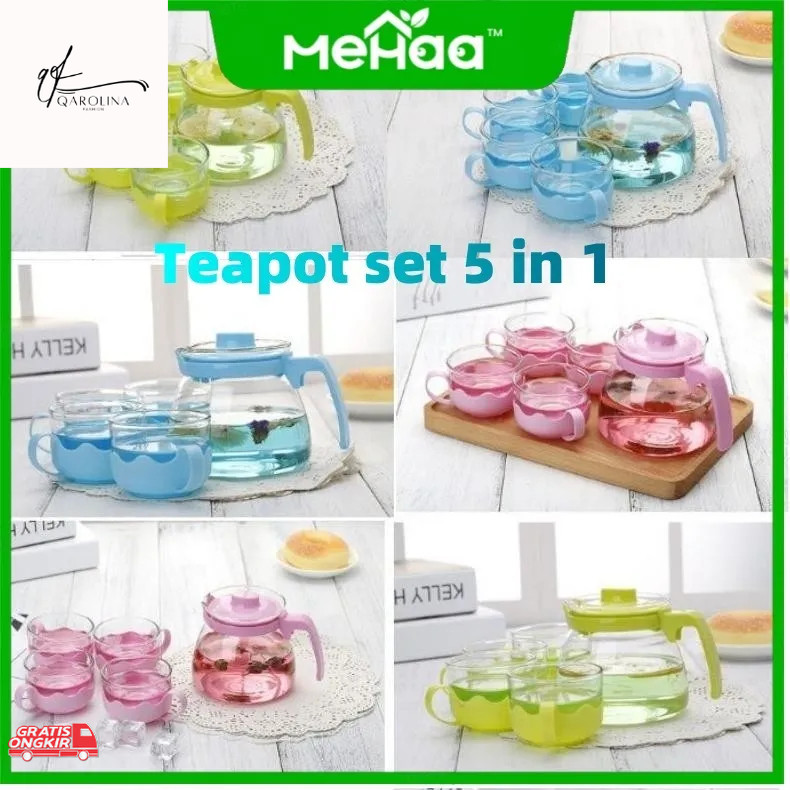 Hampers / Teko Gelas Kaca Teapot Kaca Set 5in1 | Teko dan Gelas Teh Kaca Warna 1 Set
