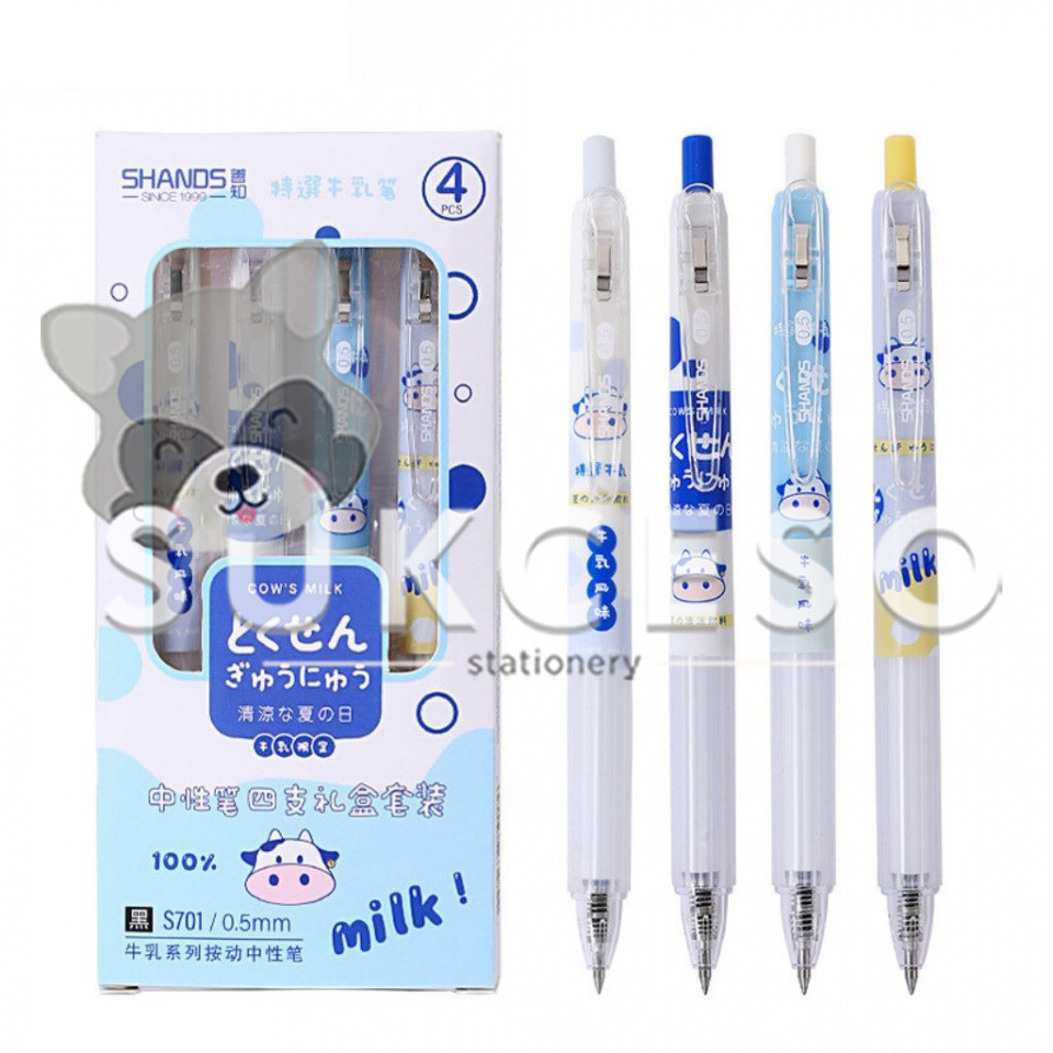 

Cows Milk Gel Ink Retractable Pen Set 4 pcs Black / Pulpen Pena