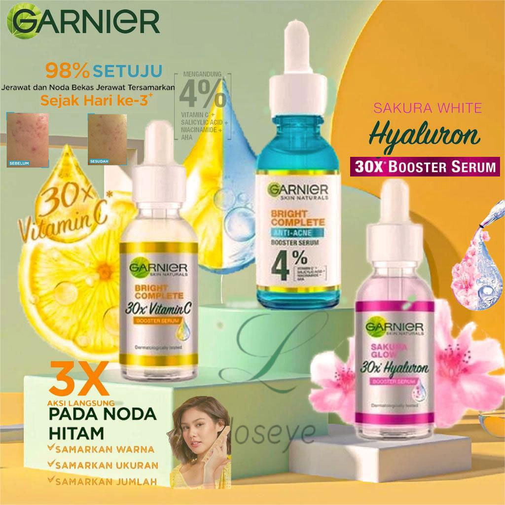 Garnier 3PCS - Bright Complete Anti Acne 30ml / 30x Sakura White Booster Serum 30ml / Vitamin C Seru
