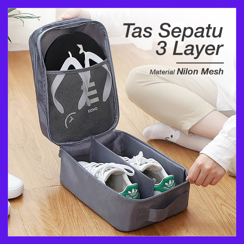 Sweety Store Indonesia-Tas Sepatu 3 Layer Travel Organizer Shoes Bag Nylon Mesh Shoe Bag / Tas Sepat