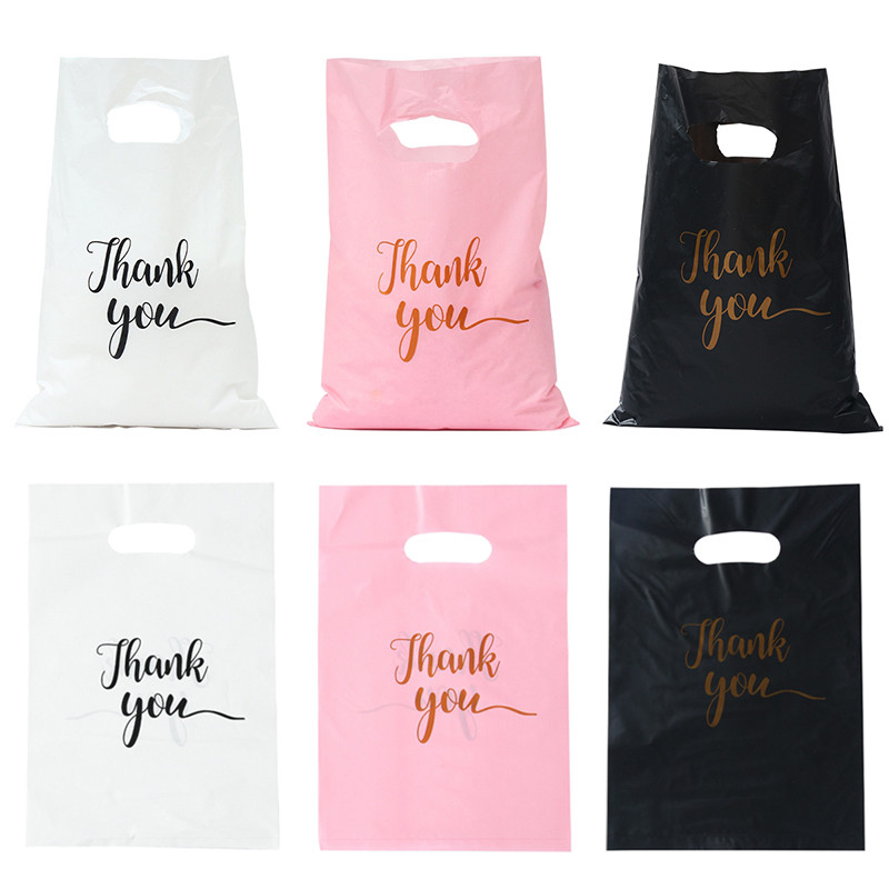 

100pcs Thank You Letters Printed Gift Shopping Bags Plastic Tote Bag Birthday Wedding Party Favors Candy Cookie Gifts Decor Bags