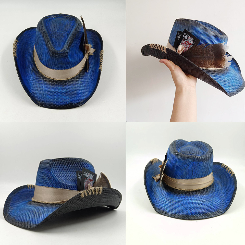 Cowboy Hat Summer Straw Hat Unisex Cowboy Hat Blue Painted Jazzy Cowboy Straw Hat Wide Brim Hat Part
