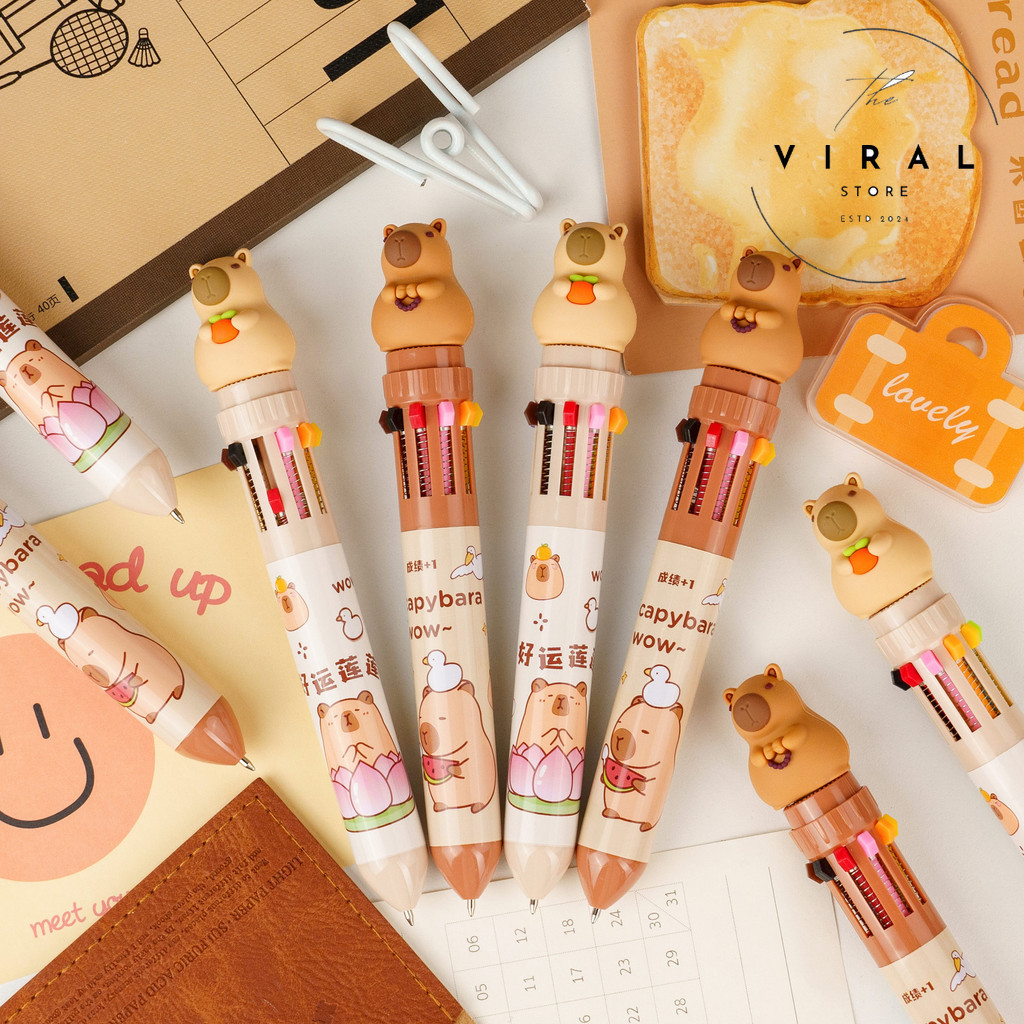 

THE VIRAL STORE Pulpen Mekanik 10 Warna Capybara Premium Pastel Cokelat Hewan Kapibara Cetek Unik
