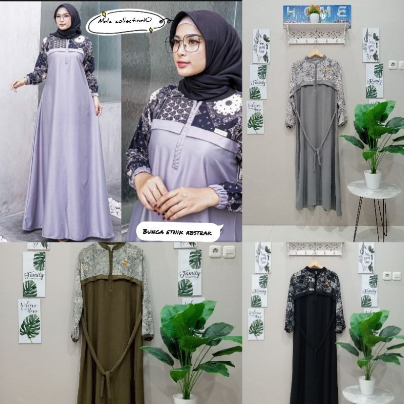 Mela gamis Maxi crinkle aleva/gamis terbaru motif bunga etnik abstrak/gamis kekinian jumbo busui