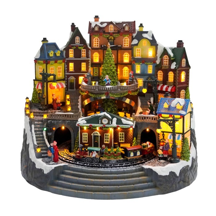 

Hiasan Dinding - Plastic Christmas LED Village with turning Tree and Music Fiber Optic