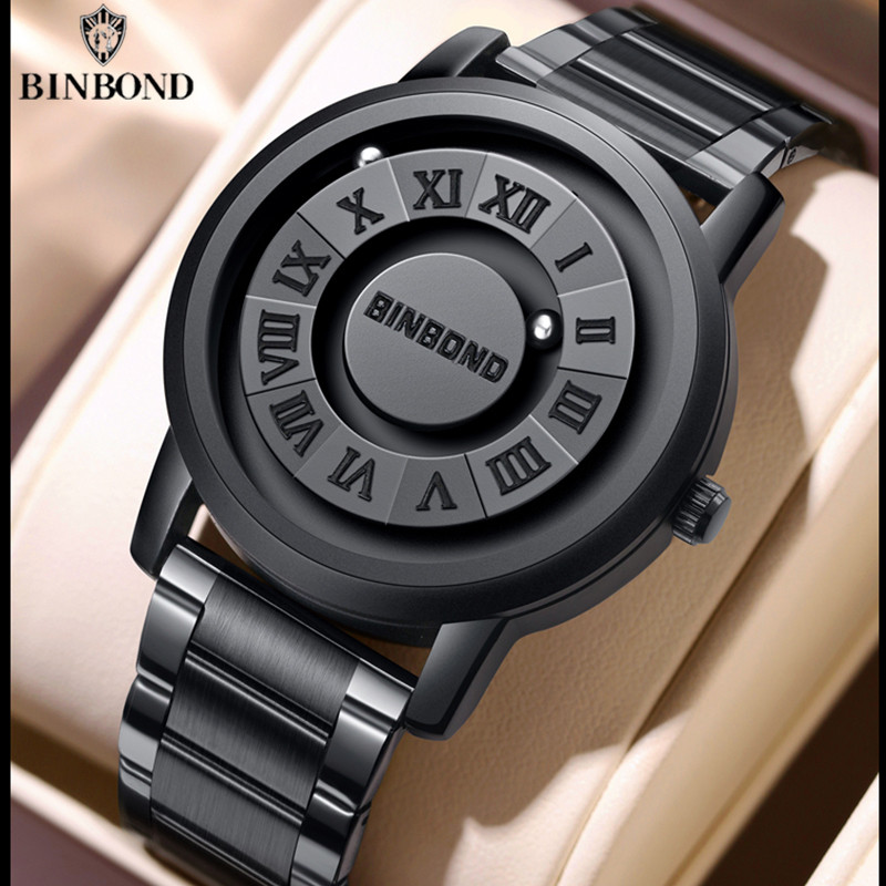 BINBOND Top Luxury Men Quartz Watches Magnetic Levitation Hollow Out Stainless Steel Waterproof Men 