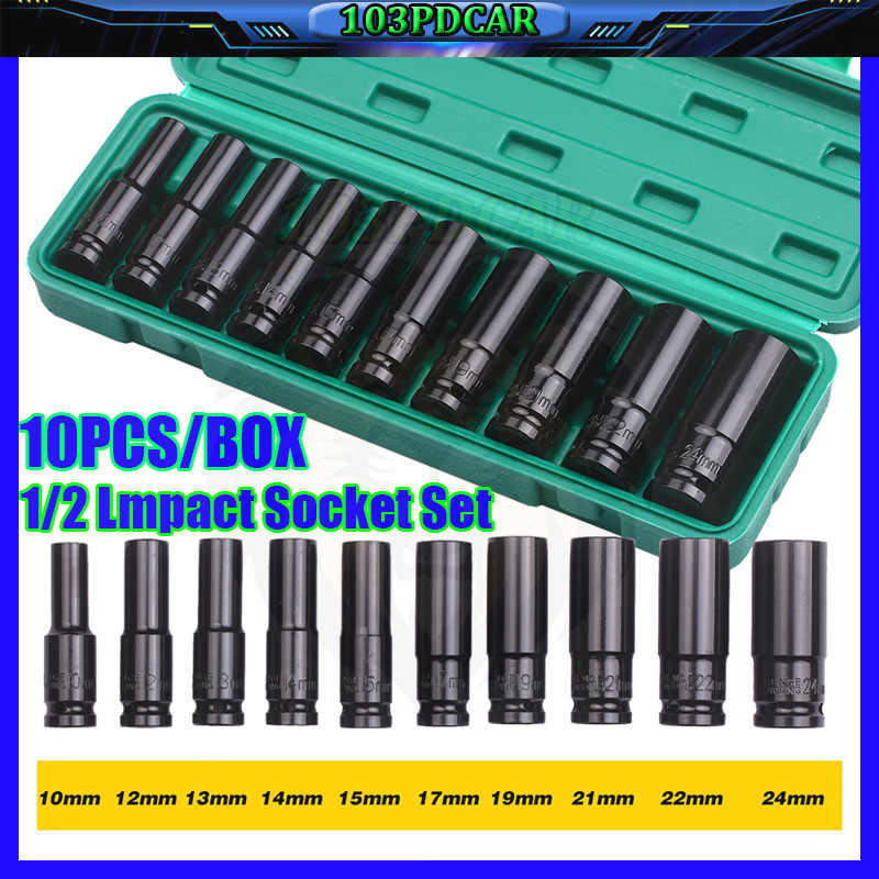 10PCS Kunci Impact Komplit 8-24MM Extension Impact Socket 1/2 Inch Kunci Sok Impact Panjang Mata Sok