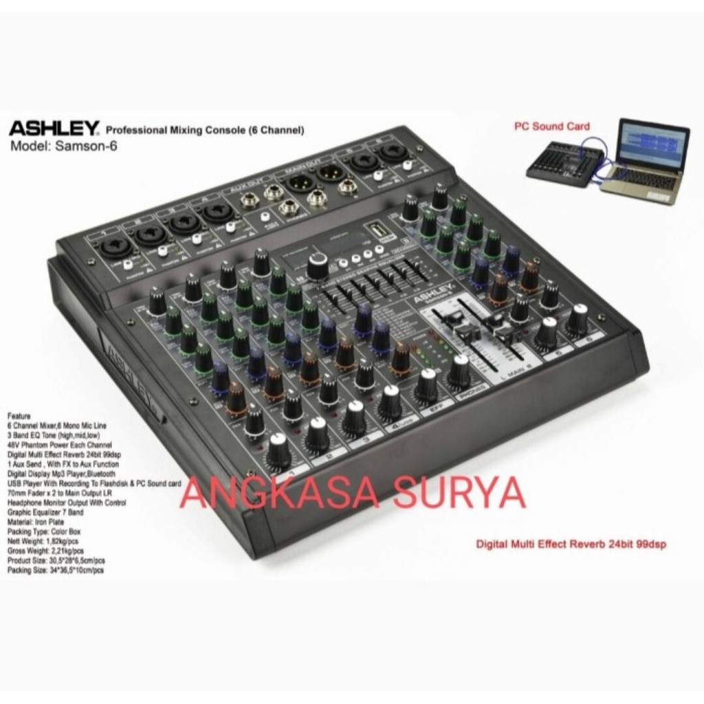 KST Mixer ASHLEY SAMSON 6 SAMSON6 ORIGINAL Mixer Audio 6 Channel Reverb 99 Dsp Ada Equalizer USB Blu