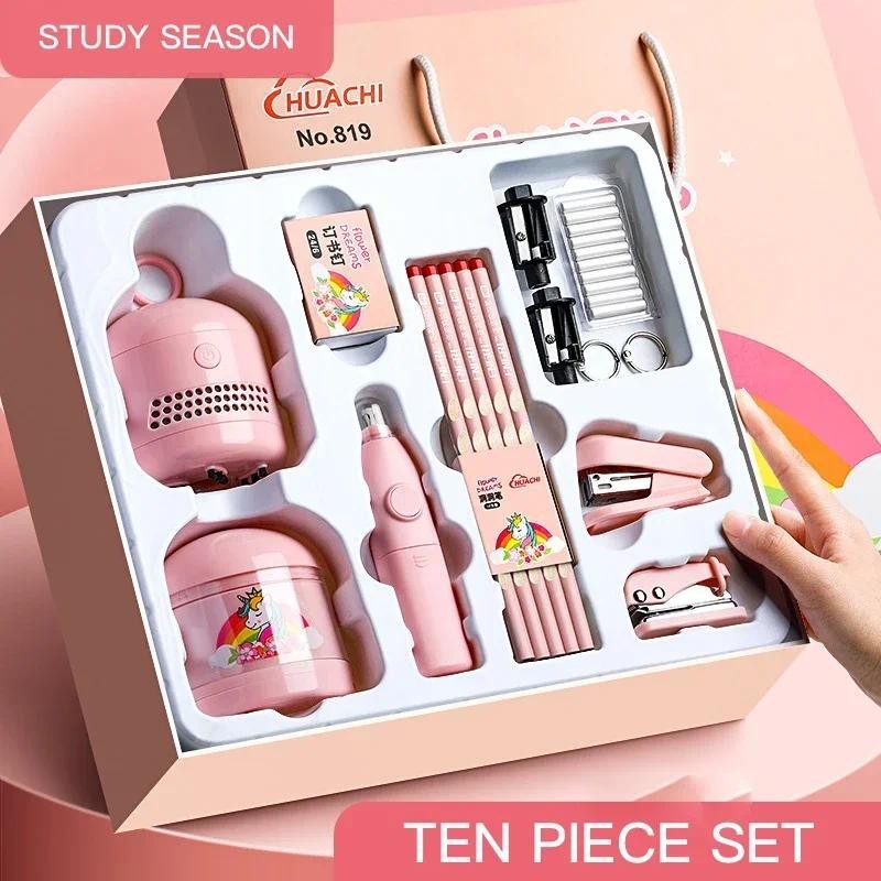 

11Pcs/Set Unicorn Electric Stationery Set Electric Pencil Sharpener Desktop Vacuum Cleaner Eraser Student Stationery