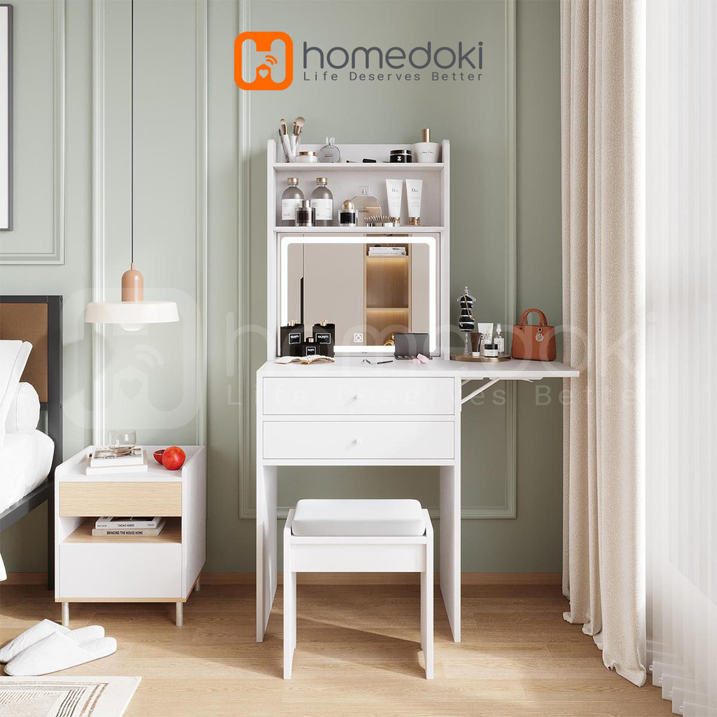 Homedoki Meja Rias Putih / Meja Rias Minimalis / Meja Rias Lampu LED/Meja Make up/Meja Kosmetik
