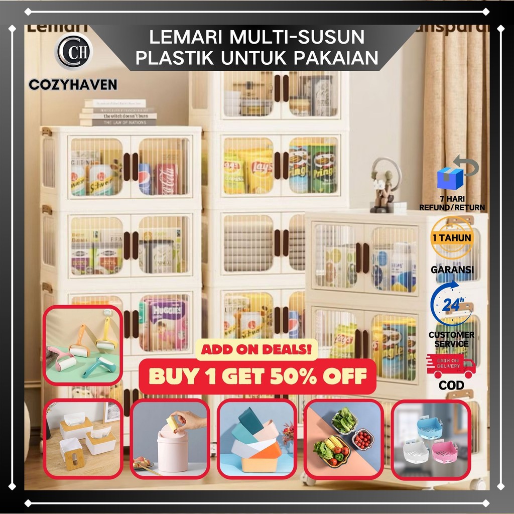 CozyHaven - Lemari Penyimpanan Baju Tas Gantungan Bahan PP Plastik Tebal Kokoh Pintu Dapat Dilipat M