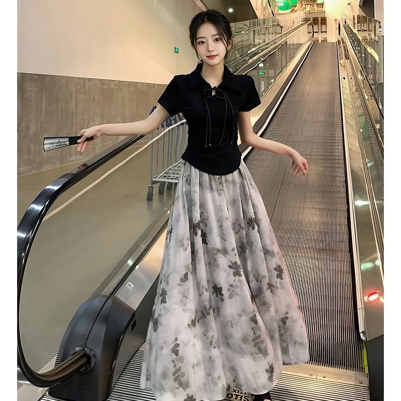 Dress Wanita Elegan Gaya Vintage  Atasan Hitam Rok Floral Panjang - dress korea dress vintage gaun l