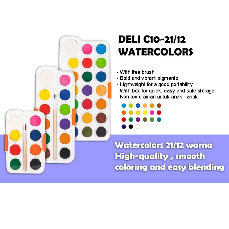 

water color cake / Cat Air Padat Deli C10-8 / C10-12 / C10-21 - Set Kuas dengan warna cerah