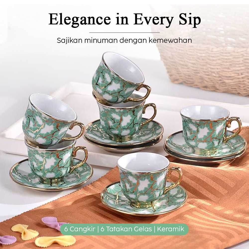Set Cangkir Kopi Teh Keramik 6in1 European Style Coffee Cup 90ml / Set Gelas Cangkir Piring Keramik 