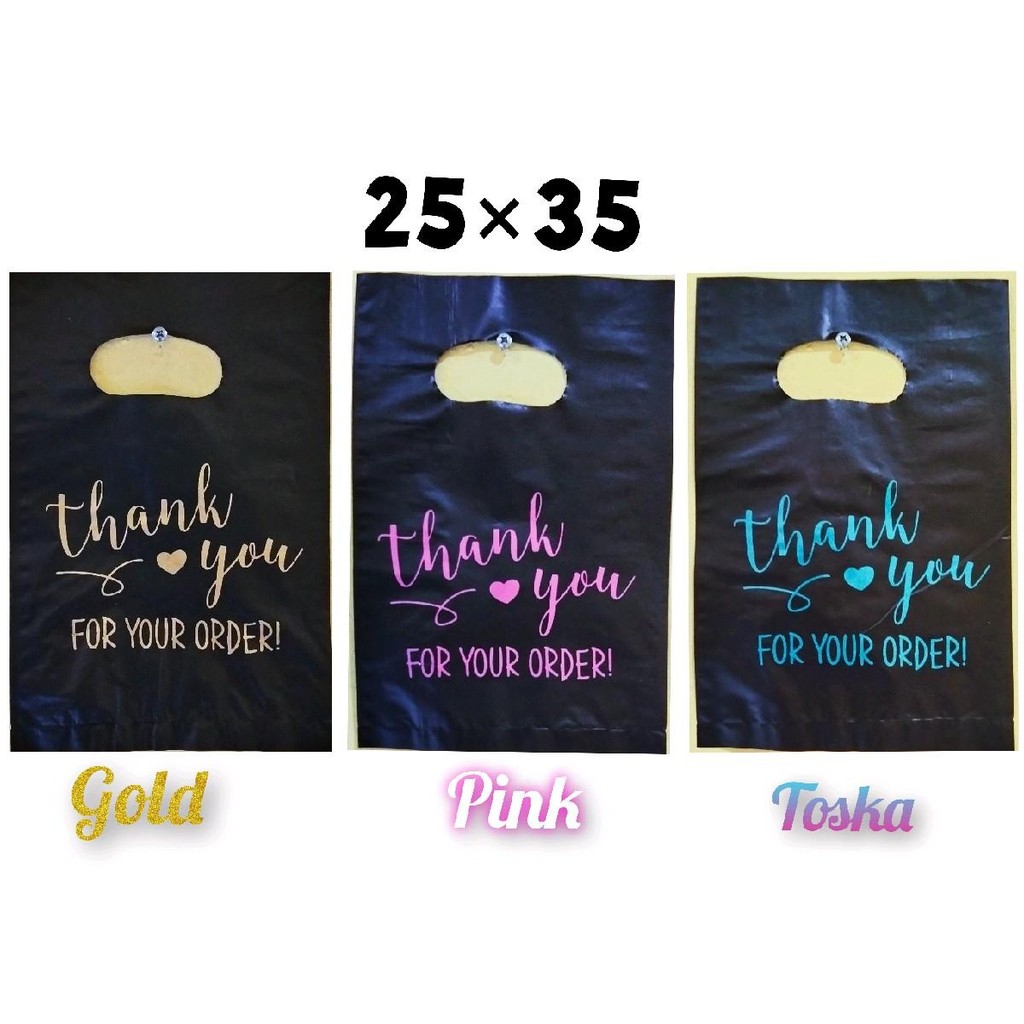 

50pcs kantong plastik pond oval PE hitam uk.25×35 motif sablon thank you 1 | plastik packing | plastik online shop | motif sablon thank you