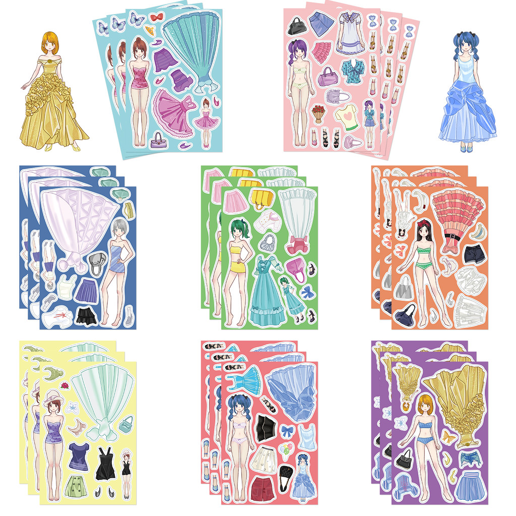 

8PCS Princess Costume Puzzle Stickers for Girls' Hearts Fun Dress Up Matching Creative Handbooks Waterproof Stickers