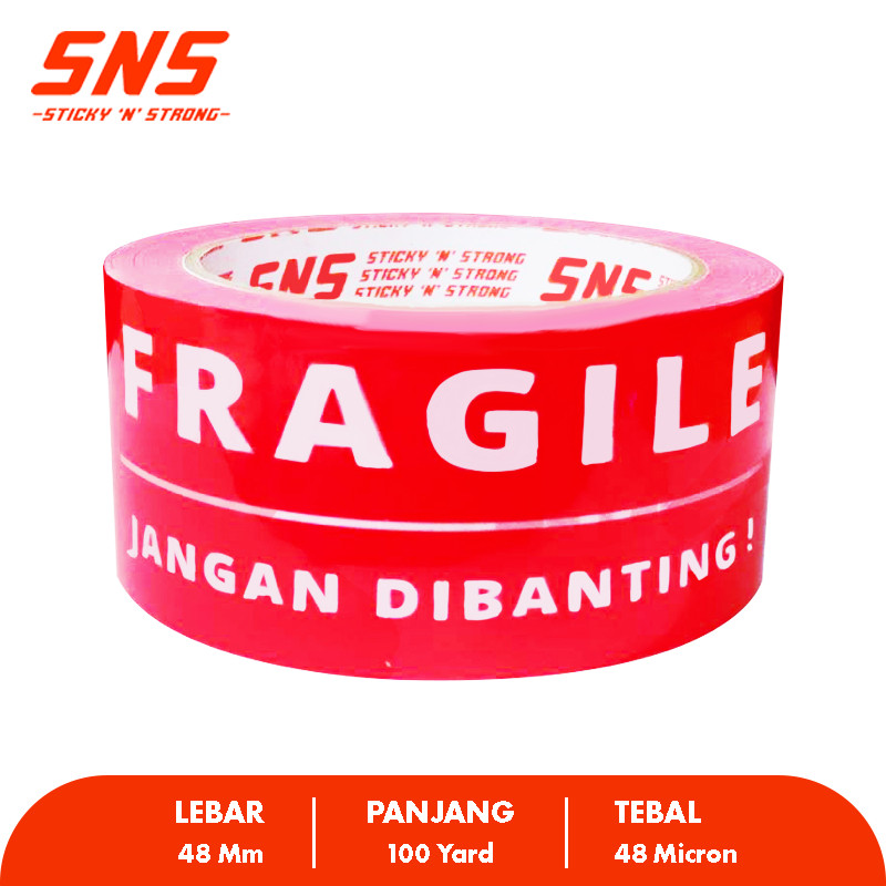 

Lakban Fragile Jangan Dibanting Merah/Putih 100 Yard x 48 mm SNS (Sticky N Strong) (Ready Di Toko Salmina)