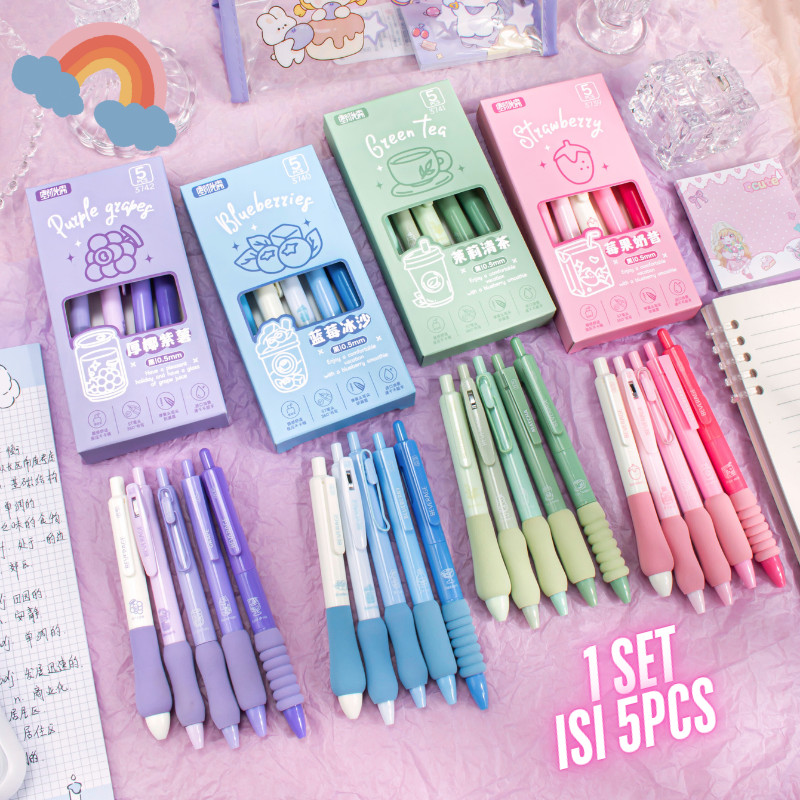 

BEST PULPEN GEL MEKANIK 1 SET 5PCS DENGAN BANTALAN EMPUK / PEN GEL 0.5MM COLOR PASTEL EDITION TERMURAH