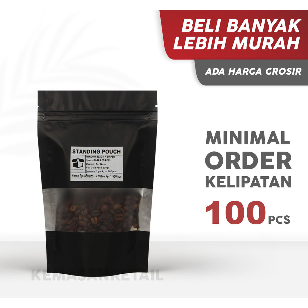 Kemasan Standing Pouch Window Zipper Hitam Doff 14x22 500gr