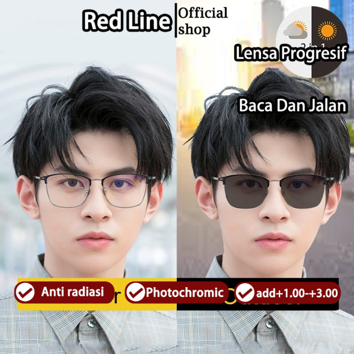 Red Line Kacamata Progresif Pria | Kacamata Baca Plus Progresif Auto Focus | Pria Photocromic Anti B