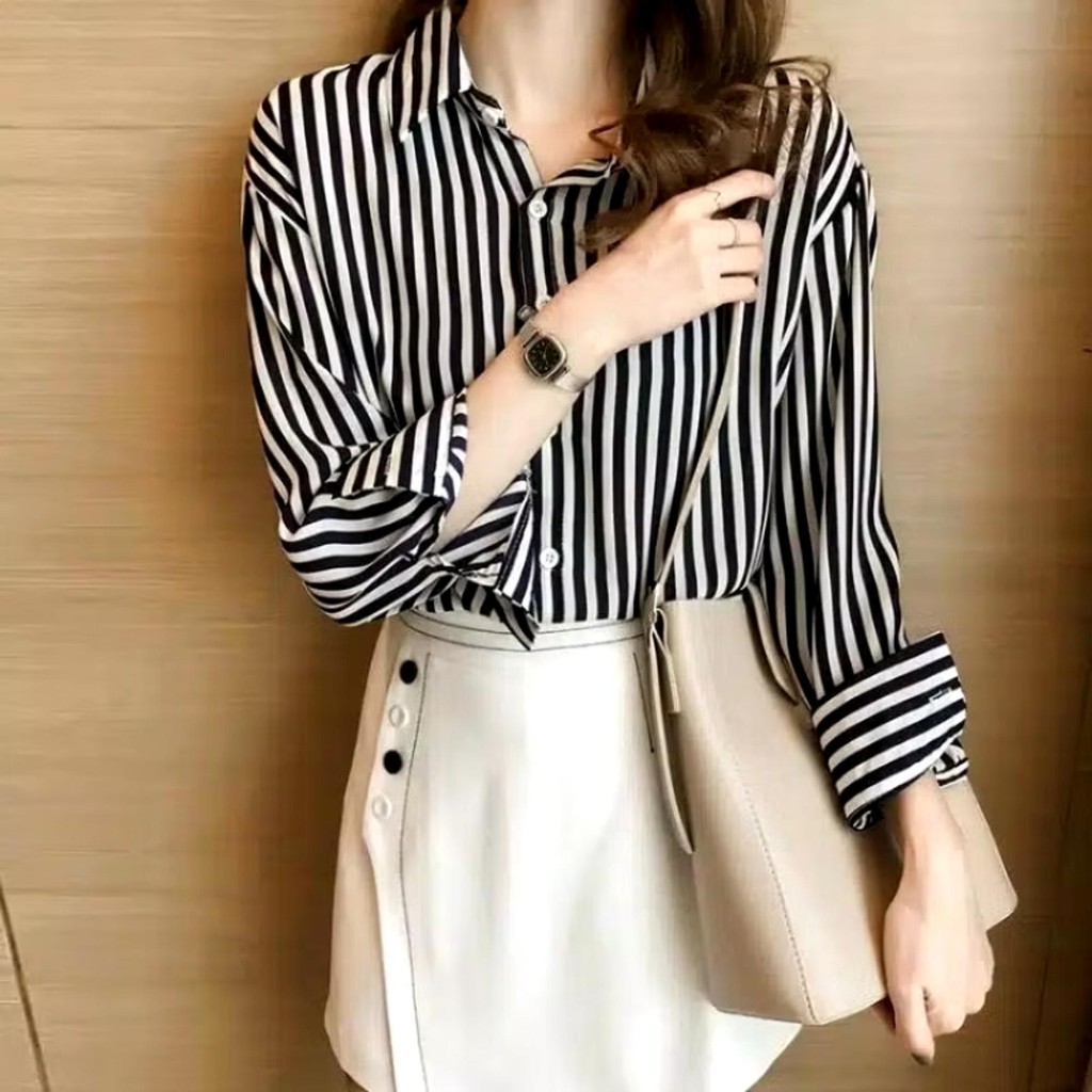 Kemeja Garis Garis Wanita Lengan Panjang Korean Style