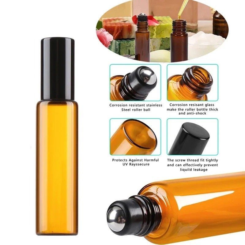 Botol roller ball kaca amber/botol roller ball minyak esensial parfum tutup aluminium