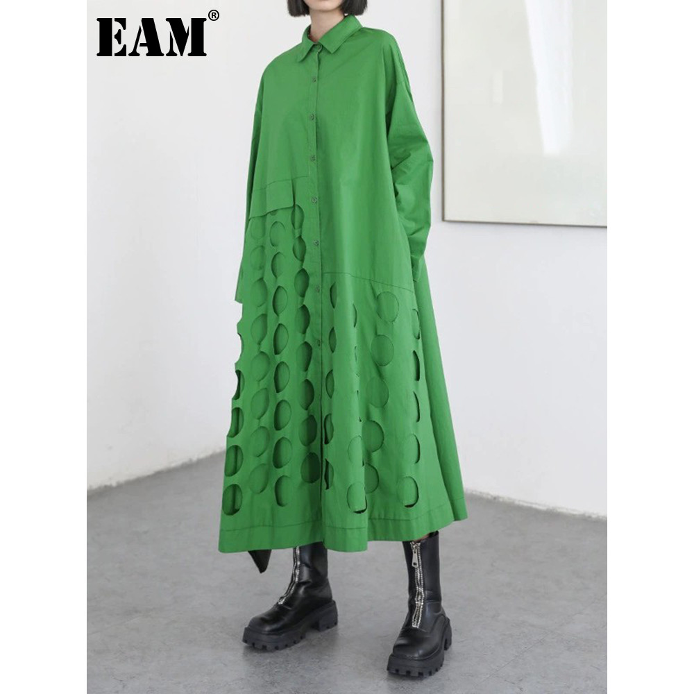 [EAM] Women Black Hollow Out Big Size Midi Shirt Dress New Lapel Long Sleeve Loose Fit Fashion Tide 