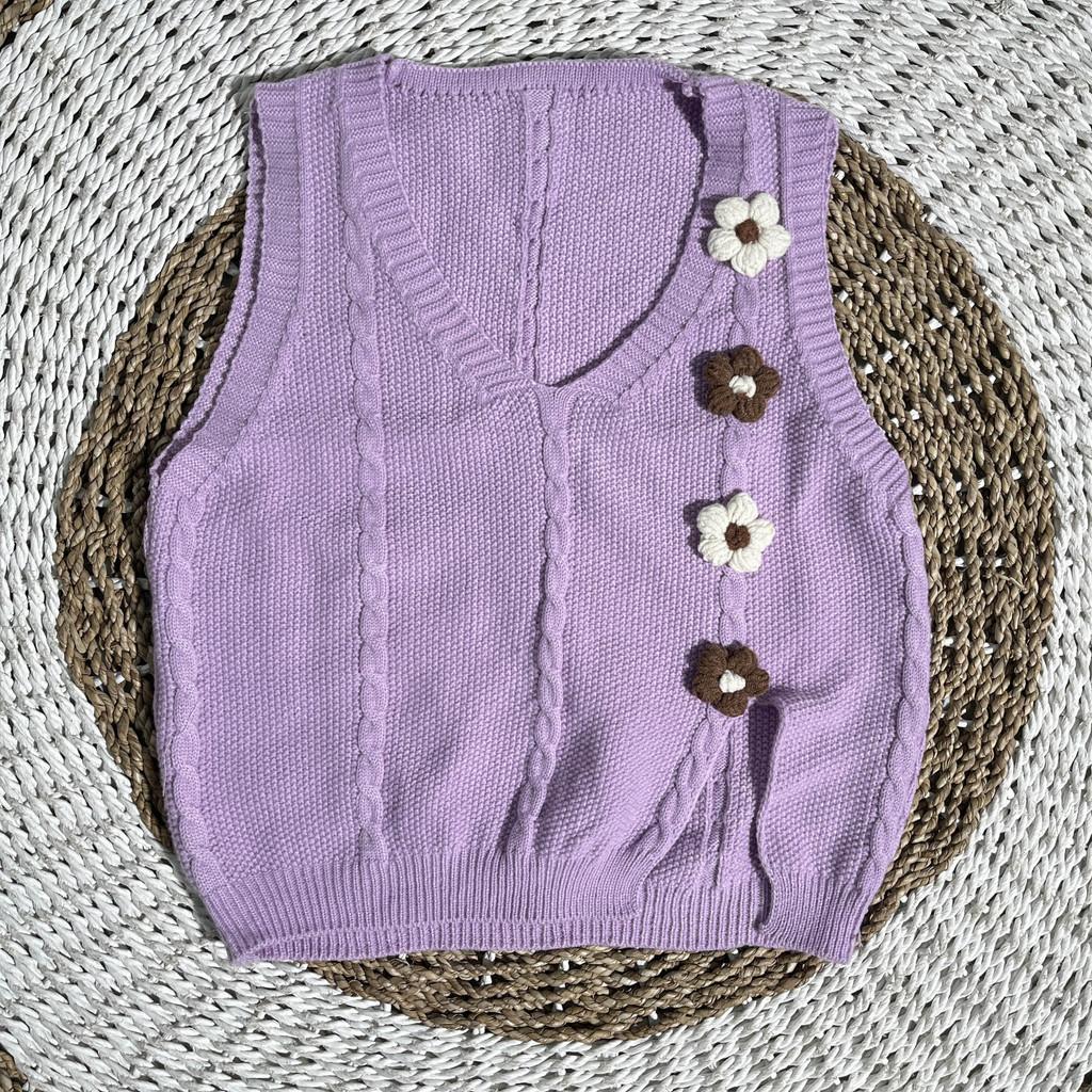 [ Jexira ] Outer Rompi Wanita Knitwear Rajut Import Tanpa Lengan Korean Style Motif Bunga FOURFLOWER
