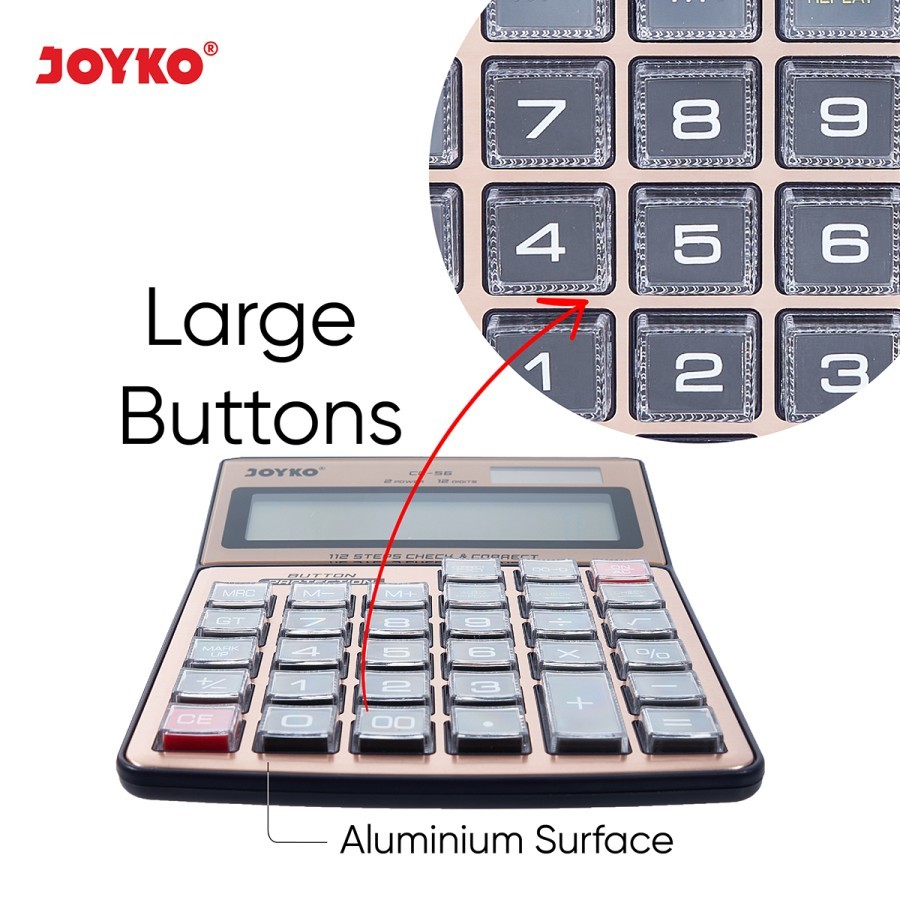 

YUH KALKULATOR CHECK / CEK ULANG JOYKO CC-56 CALCULATOR 12Dit ALUMUNIUM SURFACE & BUTTON PROTECTION