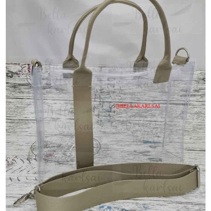 Tas Tote Mika Transparant PVC Fashion Dengan Resleting Selempang 36x10x25