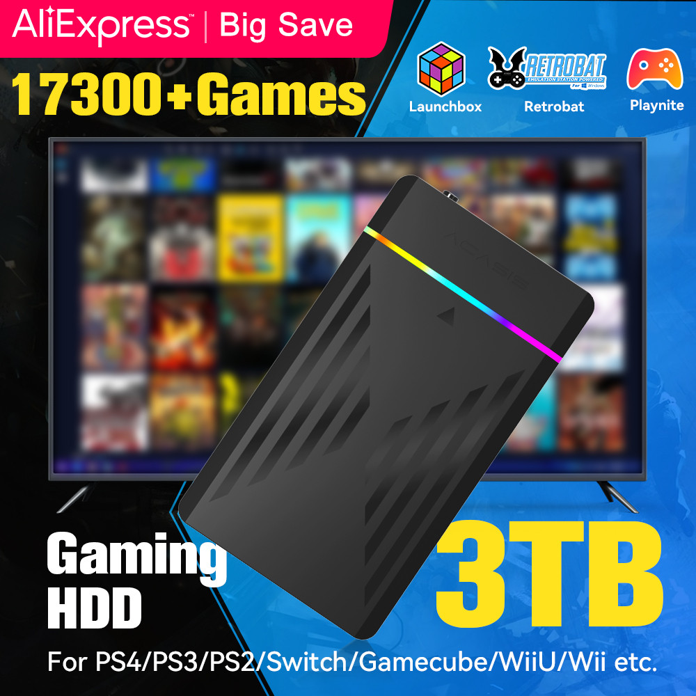 3TB Portable Gaming HDD LaunchBox/Retrobat/Playnite Retro Game Console with 17300+ AAA/3D/Retro Game