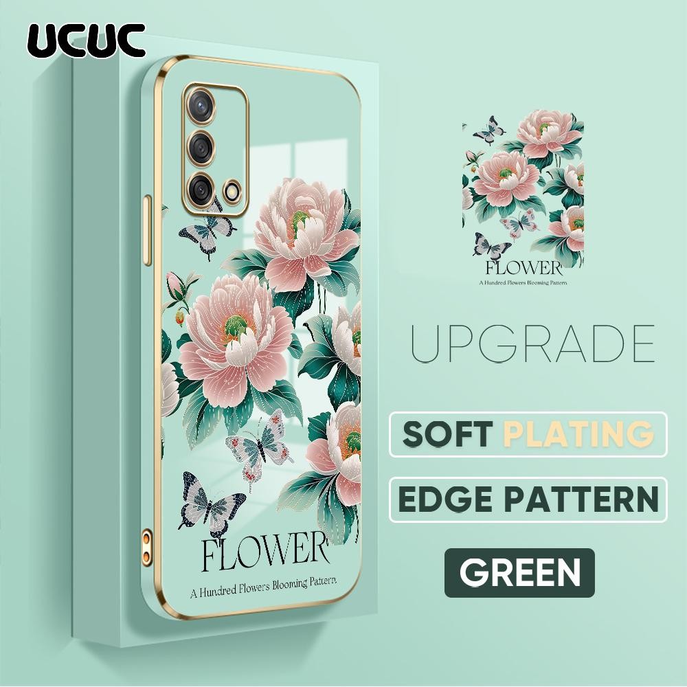 UCUC OPPO A74 A95 (Lanyard Gratis) Cartoon Square Edge Pattern Design Luxury Plating Untuk Casing Hp