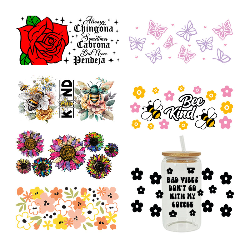 

Cartoon Flower Bee Butterfly UV DTF Transfer Sticker For The 16oz Libbey Glasses Wraps Bottles Cup Sticker DIY Waterproof D2279