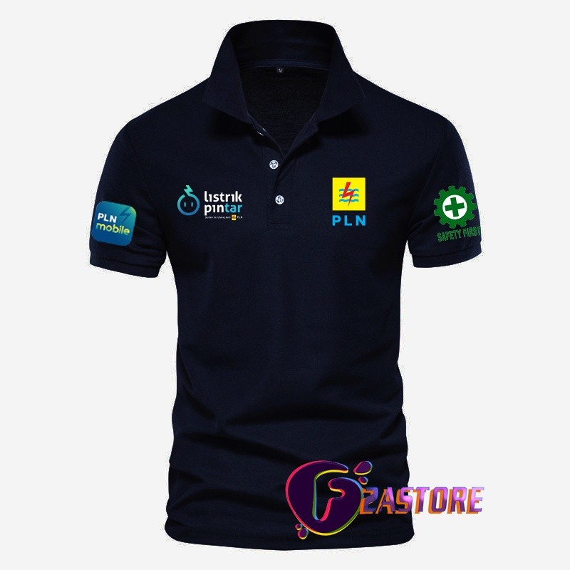 TERBARU BAJU kerah mode polo LISTRIK PINTAR Depan LOGO PLN - BAJU PLN MOBILE dan logo safety first S