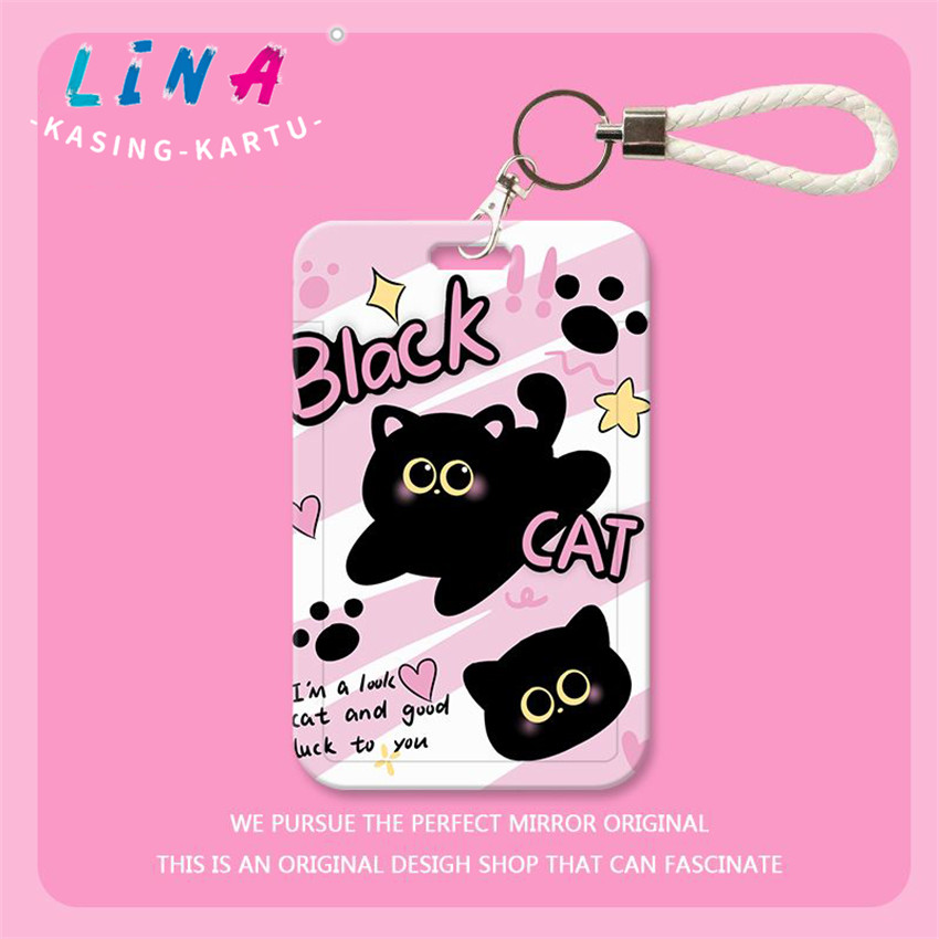 

Kartu kampus mahasiswa grafiti kucing hitam kreatif tempat kartu makan dan air bus Yangchengtong kontrol akses lencana kerja cangkang pelindung tali leher gantung